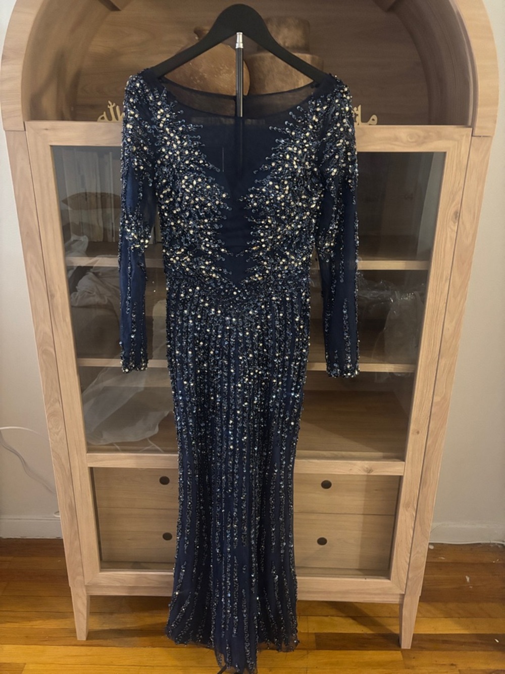 Navy Beaded Long-Sleeve Evening Dress